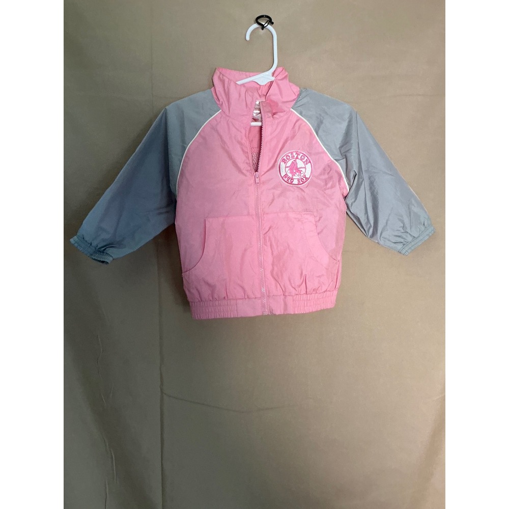 Genuine MLB Red Sox Windbreaker Jacket Baby Girl 12M Pink Grey Excellent Zip Up